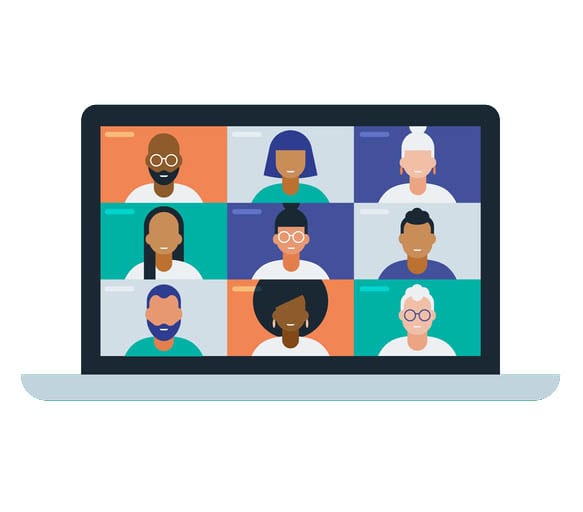 Illustration of a diverse group of friends or colleagues in a video conference on laptop computer screen