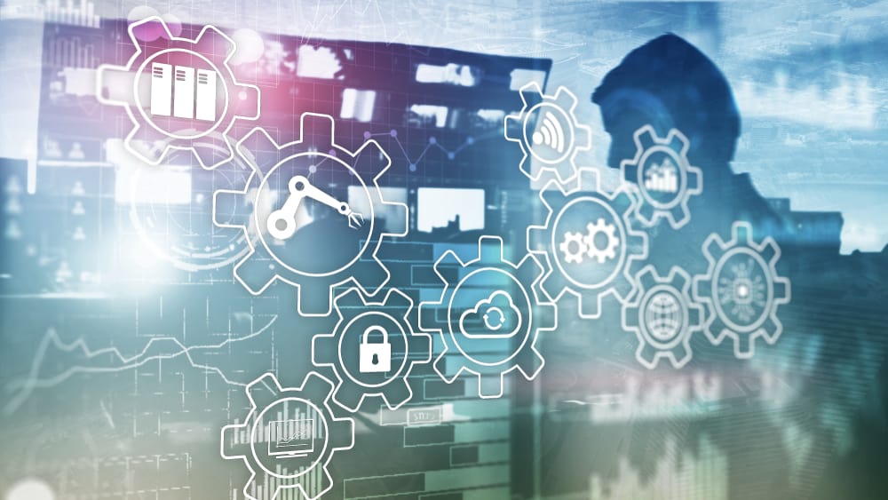 A network automation framework is visualized as a series of interconnected gears with illustrations of automation and AI concepts.