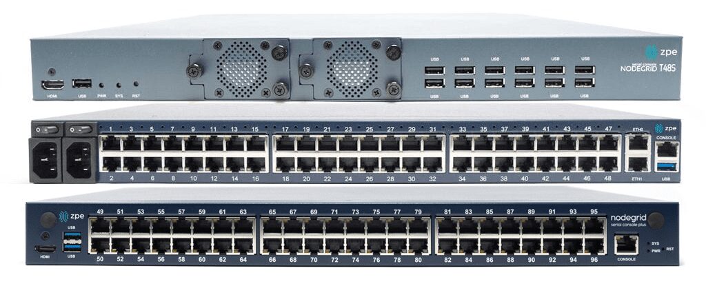 Front and back views of the Nodegrid out-of-band management serial console.