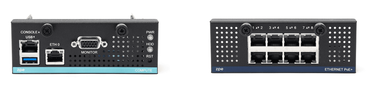 Pictures of the compute module and Ethernet PoE module for the Nodegrid NSR.